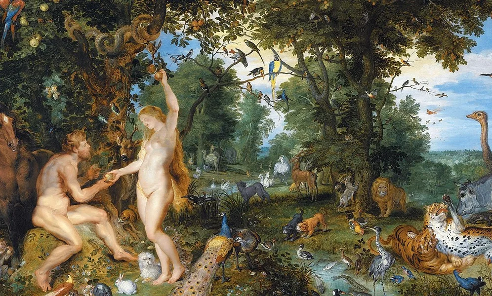 Syndefallet (c. 1615). Peter Paul Rubens (1577–1640) og Jan Brueghel den eldre (1568–1625). Olje på panel, 74,3 x 114,7 cm, Mauritshuis, Den Haag