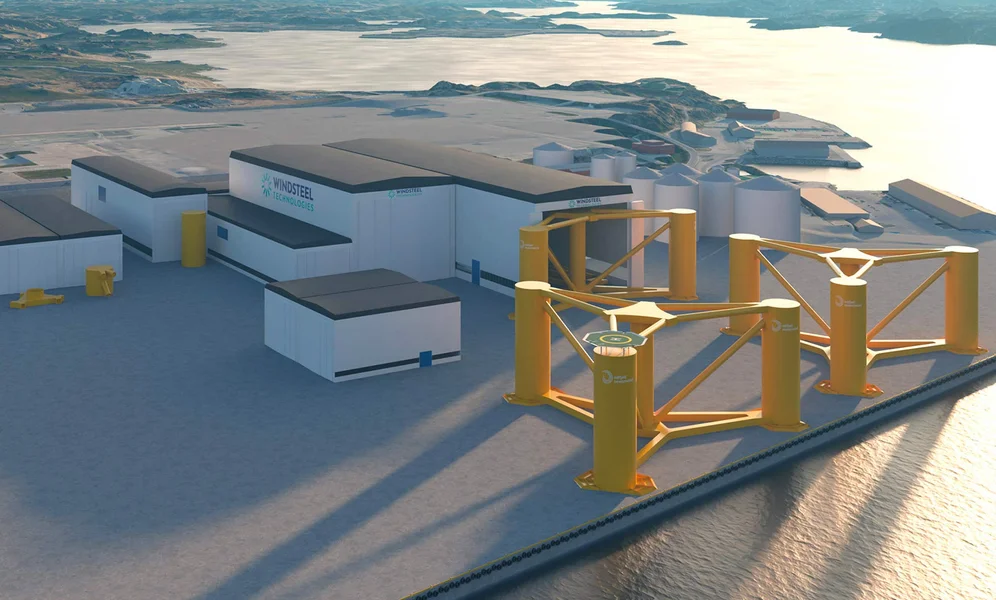 Slik tenker Windsteel Technologies at en fremtidig fabrikk for masseproduksjon av flytende fundamenter til havvind kan se ut. (Illustrasjon: Windsteel Technologies AS)