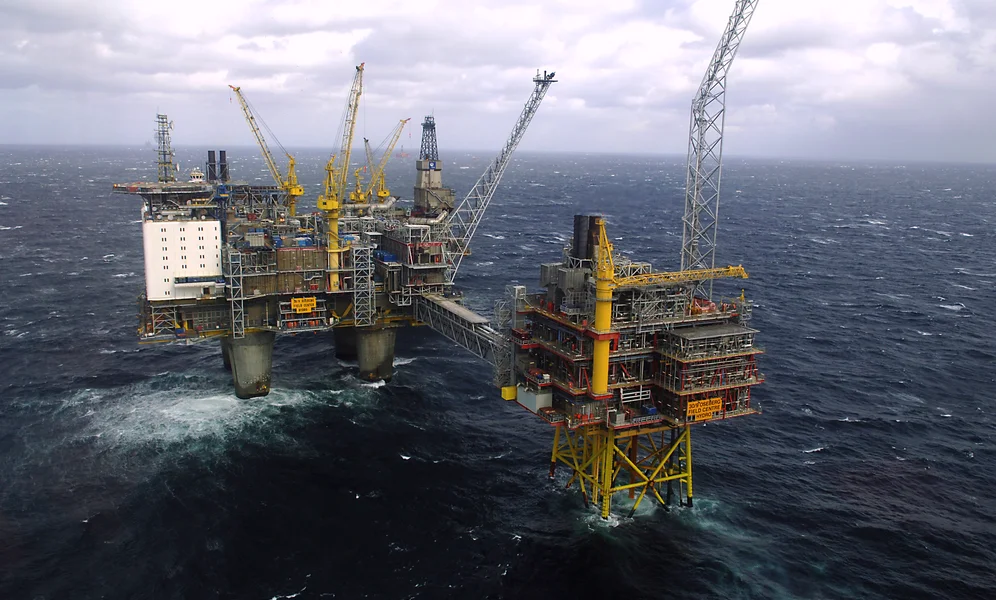 An aerial view of the Oseberg oil platform in the Norwegian sea prior the visit of Austrian President Heinz Fischer and Norwegian King Harald April 19, 2007. Helge Hansen/NTB