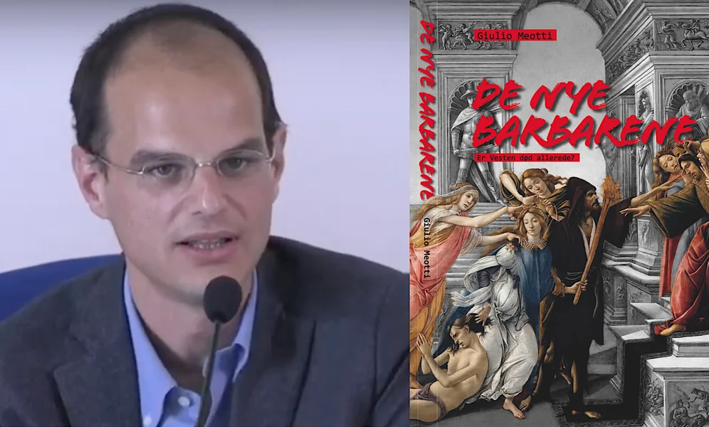 Giulio Meotti og hans nye bok «De nye barbarene». Stillbilde av forfatteren: magic stream / YouTube. Omslag: Document.