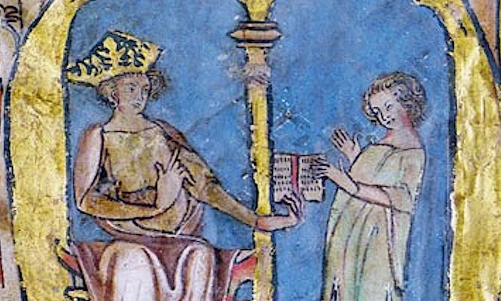 Magnus Lagabøte gir fra seg landsloven av 1274. Illustrasjon fra Codex Hardenbergianus. Foto: Ad Fontes / Universität Zürich / Wikimedia.
