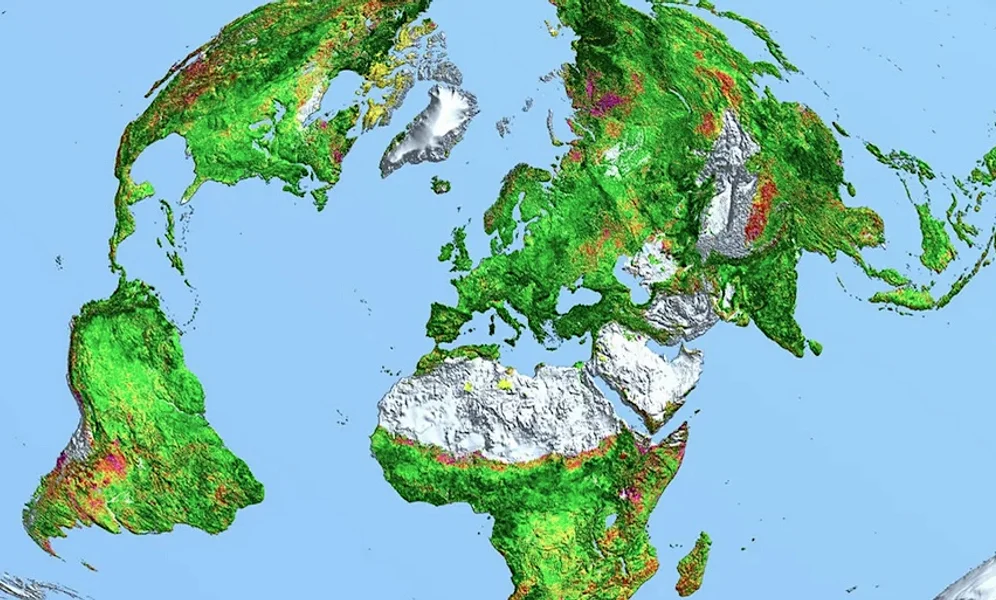 Prosentvise endringer i bladarealet verden over i tidsrommet 1982–2015. Illustrasjon: NASA via Wikimedia.