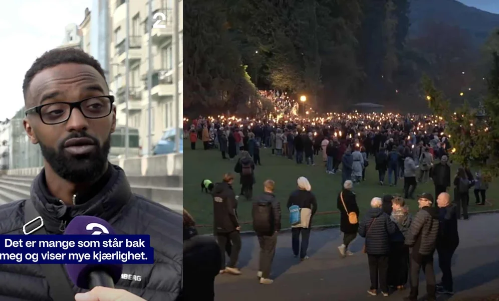Hamse Ali er takknemlig for støtten og blir intervjuet av TV 2 (t.v.). NRK Vestlandsrevyen var til stede under fakkeltoget (t.h.), som fylte Nygårdsparken i Bergen.