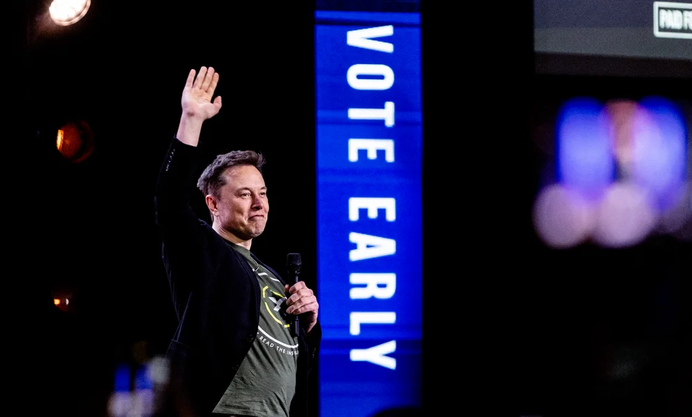 Elon Musk gestures as he speaks at Life Center Church in Harrisburg, Pa., Saturday, Oct. 19, 2024. (Sean Simmers/The Patriot-News via AP)