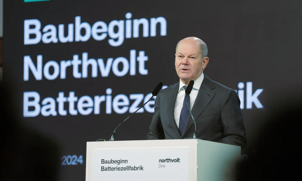 German Chancellor Olaf Scholz speaks before the start of construction of the Northvolt factory, in Hedwigenkoog, Germany, Monday, March 25, 2024. The Northvolt factory, will produce battery cells for electric cars from 2026. (Marcus Brandt/dpa via AP)