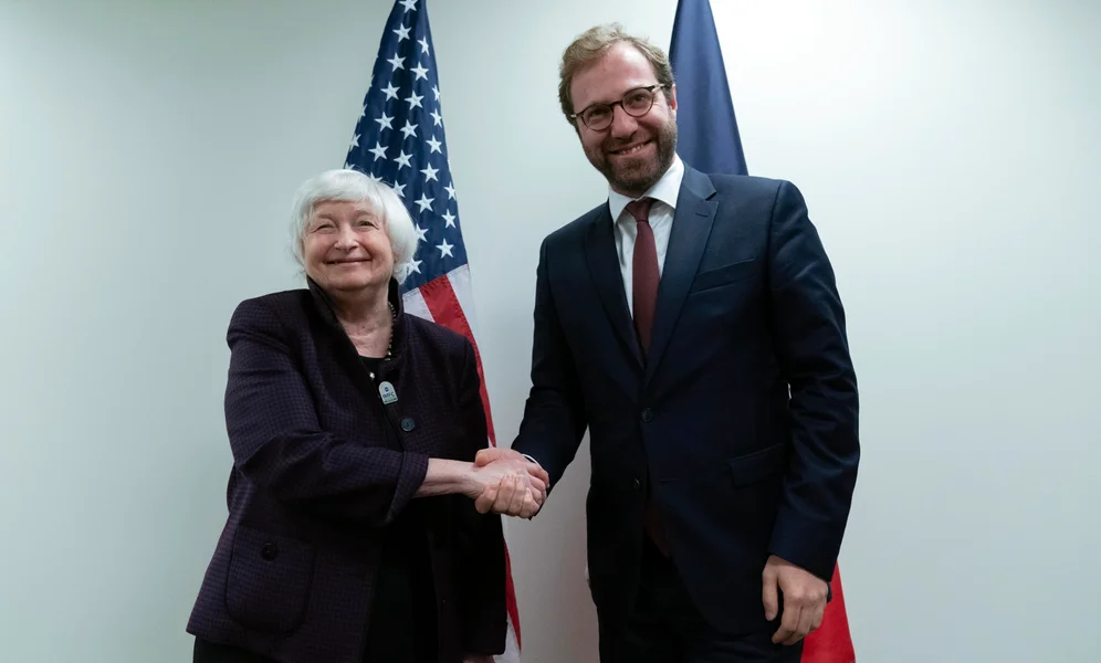 Secretary of the Treasury Janet Yellen, left, shakes hands with France's Finance Minister Antoine Armand before a bilateral meeting during the World Bank/IMF Annual Meetings in Washington, Friday, Oct. 25, 2024. (AP Photo/Jose Luis Magana)