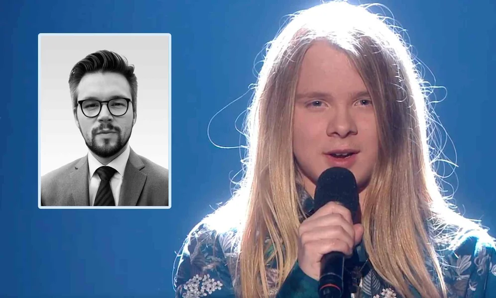 Peder Angel Lundquist Langen i semifinalen i TV 2-programmet Norske Talenter i 2019. Innfelt: Bistandsadvokat, Roy André Håkonsen Arteid. (Foto: Videostillbilde fra TV 2/Advokatfirmaet Røseid & co.)