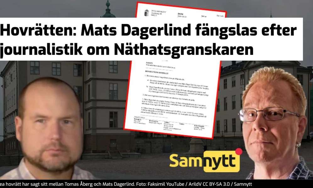 Tomas Åberg i organisasjonen Näthetsgranskaren (t.v.) har fått dømt ansvarlig redaktør Mats Dagerlind (t.h.) i Samnytt for æreskrenkelser. (Faksimile: Samnytt)