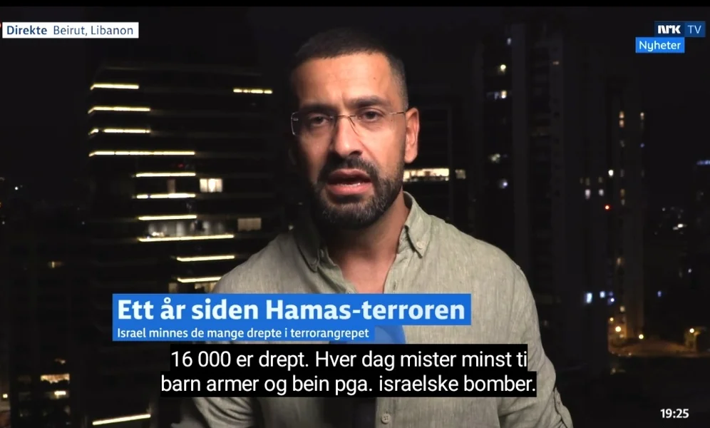 Fra NRKs dekning av minnedagen 7. oktober 2024, ett år etter Hamas-angrepet på Israel. Reporter Yama Wolasmal informerer om lidelser på Gaza. Skjermdump.