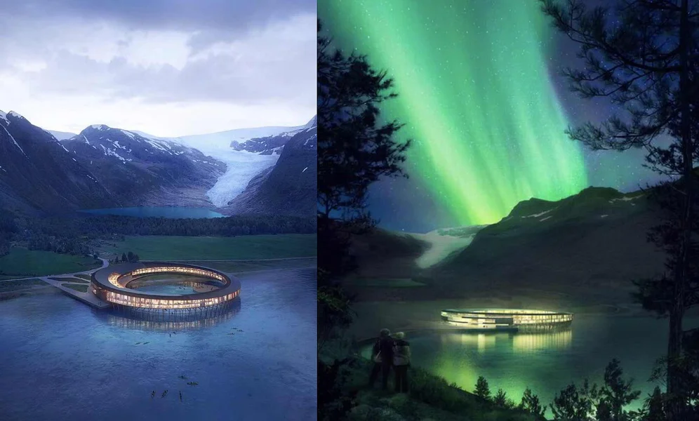 Arkitektfirmaet Snøhettas konseptillustrasjoner av Svart Hotell i fjæresteinene ved foten av Svartisen i Glomfjord i Meløy kommune i Nordland.