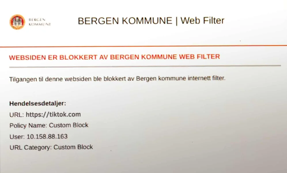 Omtrent slik ser Bergen kommunes internettsperre-verktøy ut for elever som prøver å gå til en svartelistet nettadresse, som TikTok eller Instagram. (Montasje: Document)