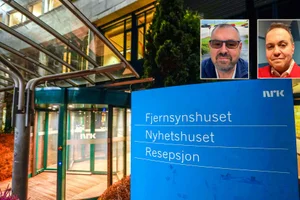Fra NRKs bygningsmasse på Marienlyst, som allerede er solgt. Innfelt er politisk nestleder i Industri- og Næringspartiet, Øystein Høksnes (t.v.) og lokallagsleder Frogner, Christian Mikkel Dobloug. (Foto: Lise Åserud/NTB og INP)